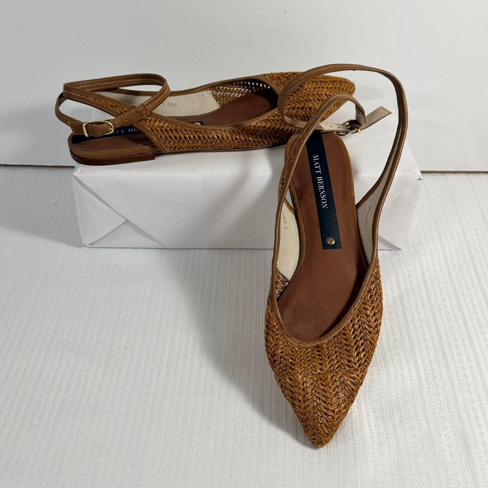 Matt Bernson Womens Zola Woven Raffia Pointed Toe Ankle Strap Flats 7.5 Boho